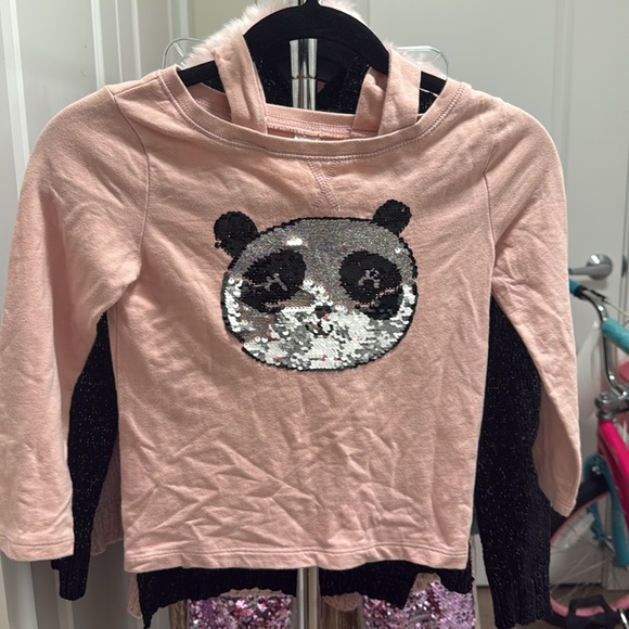 Sequin Pink Panda Kids Long Sleeve  old Shoulder Top - Picture 6 of 6